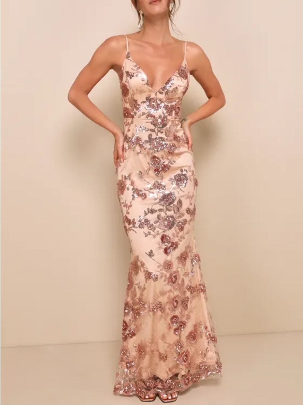Lulu's size XL Rose Gold Sequin Floral Embroidered Mesh Fabric maxi mermaid ball